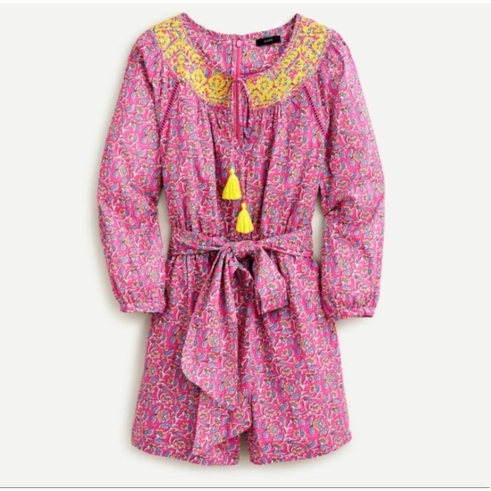 J. Crew Pink and Yellow Printed Long-Sleeve Romper